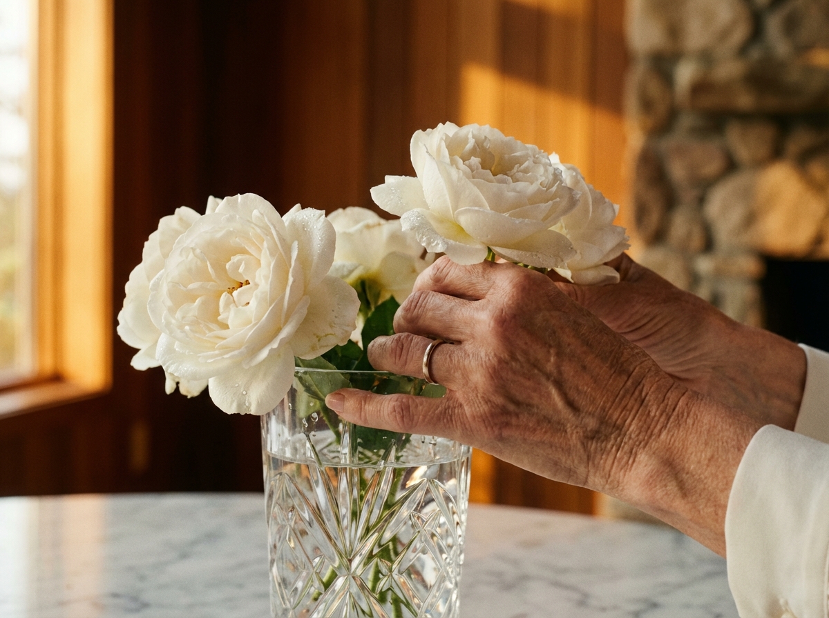 Attention to detail — arranging flowers in crystal vase