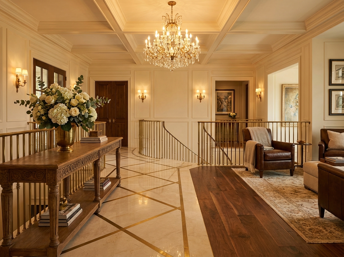 Elegant estate interior with chandelier and fine furnishings